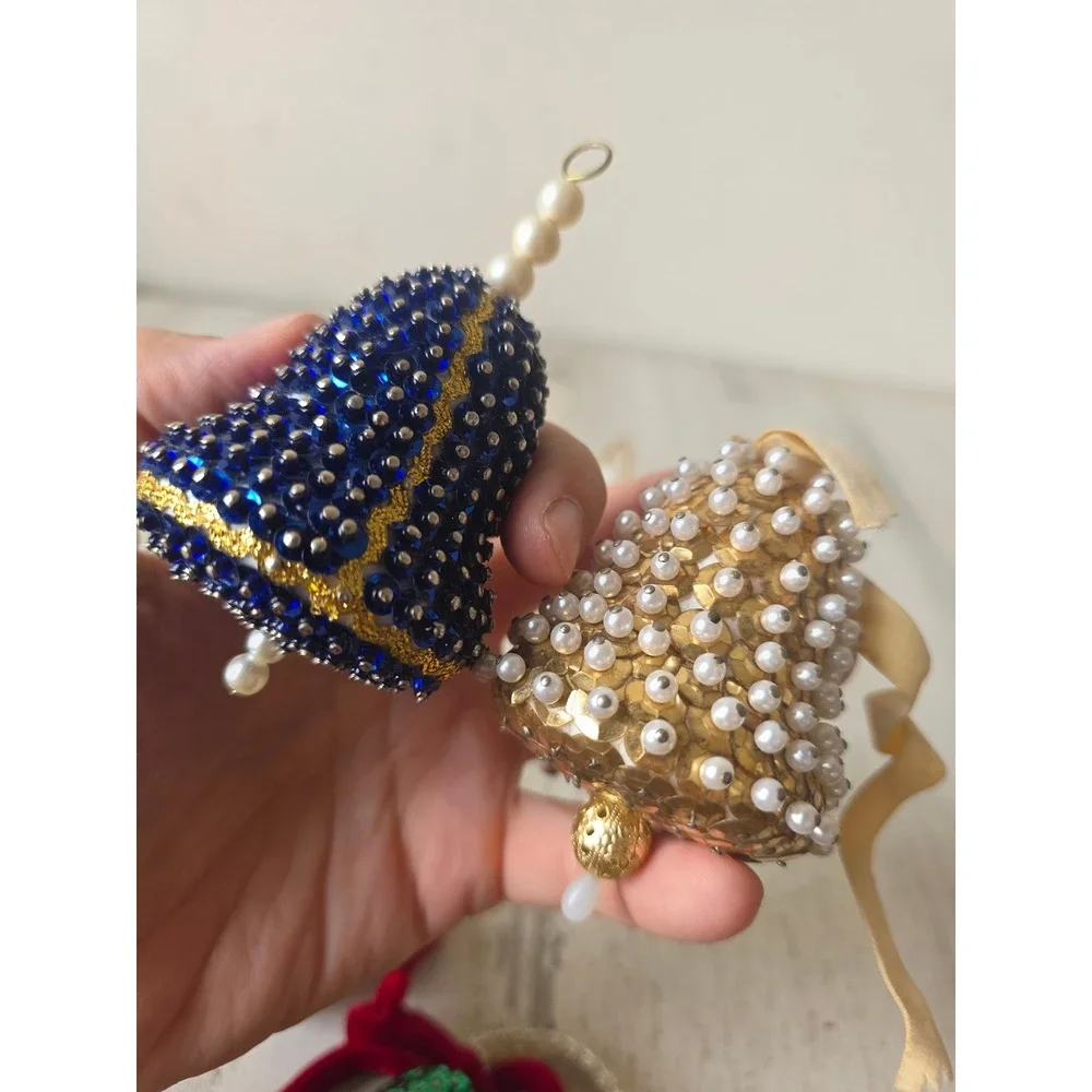 Vintage sequin push pin Bell ornament blue green